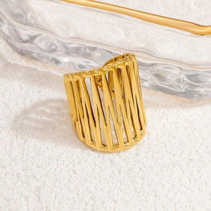 Detailed close-up of 18k gold-plated stainless steel wide ring with geometric hollow design