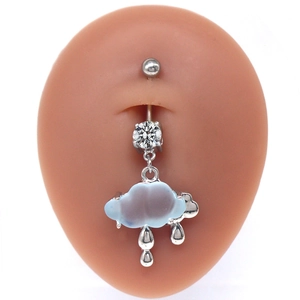 Detail showing a silver cloud belly ring with blue resin and hanging raindrops