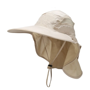 Outdoor wide brim sun hat with neck flap and breathable mesh in light khaki color