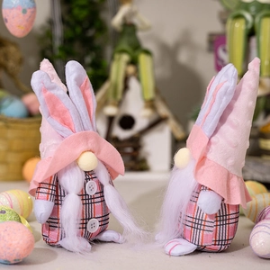 Pink plaid Easter bunny gnomes with long ears and plush fur for home decor ornaments