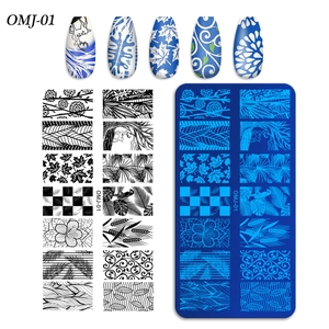 Plaque de stamping nail art OMJ-01 avec motifs floraux et géométriques de feuilles
