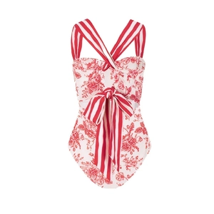 Costume intero floreale con fiocchi e spalline a righe bianche e rosse in piano