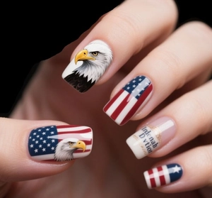 Detailed view of American flag nails featuring realistic eagle and star stripes design