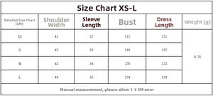 Detailed size chart for ramie shirt dress including shoulder and bust measurements in cm