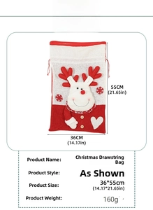 Detail of Christmas elk drawstring gift bag with size 36x55cm and fabric textures