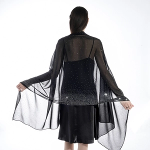 Elegant long black chiffon shawl with sparkling rhinestones for evening wear, back view