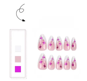 Detailed view of 10 almond press-on nails featuring purple star patterns and white tips