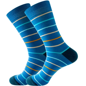 Detailed view of lake blue cotton crew socks with orange and beige horizontal stripes