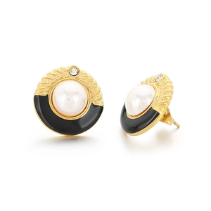 Minimalist enamel and shell pearl stud earrings with gold woven texture and sparkling crystal