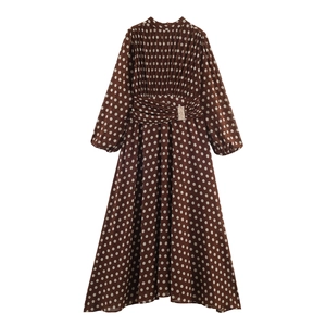 Polka Dot Maxi Dress Pleated Mock Neck Lantern Sleeve Polyester Long Swing Belted Elegant For Women