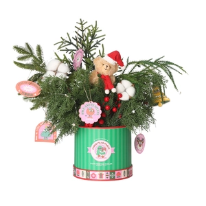 Mini Christmas tree gift box with green container, pine branches and a cute teddy bear