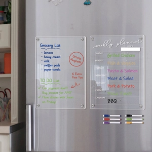 Strong magnetic acrylic weekly planner and grocery list set on stainless steel fridge