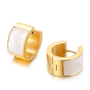 Elegant gold stainless steel hoop earrings with white shell inlay for a modern look