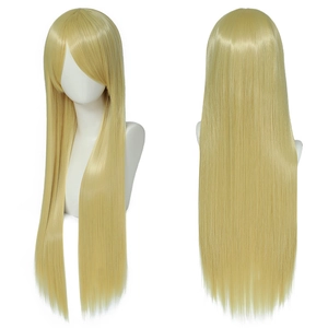 Detailed view of long straight gold cosplay wig with bangs and smooth synthetic fiber texture