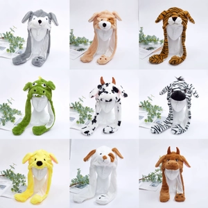 Cute Animal Plush Hat with Moving Ears Funny Pinch Airbag Ear Flap Hat Soft Warm Winter Cartoon Husky Tiger Dinosaur Cow Zebra Headwear for Kids Women Party Cosplay Gift