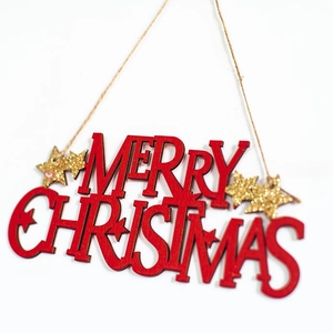 Red and gold wooden Merry Christmas sign with glitter star decor for festive tree ornaments