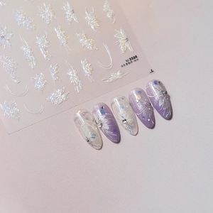 Detail of laser white semi-transparent floral nail stickers with holographic effect