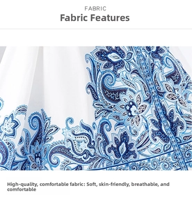 Macro detail of blue paisley print on soft breathable white fabric for long dresses