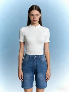 Slim fit blue denim shorts with white mandarin collar top for women casual summer fashion