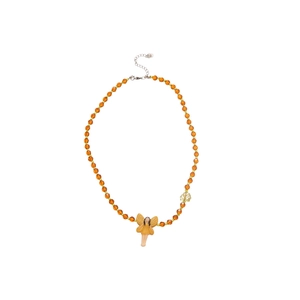 Orange resin beaded fairy pendant necklace with crystal facets and leaf charm for women