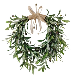 Artificial olive leaf wreath with purple fruits and burlap bow for home wall decoration