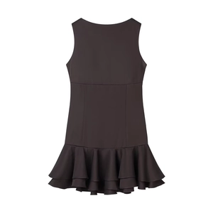 Abito corto senza maniche con volant marrone scuro stile casual da vacanza