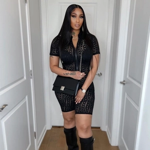 Sexy black hollow out knit bodysuit with front zipper and short sleeves for women