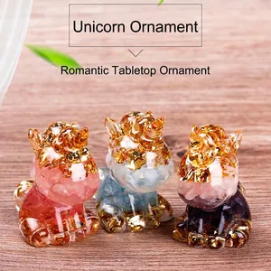 Unicorn Figurine Resin Craft Desktop Ornament Natural Crystal Crushed Stone Inlay Gold Foil Healing Office Home Decor Gift