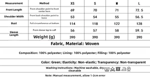 Detailed size chart and washing instructions for the green quilted jacket with zipper