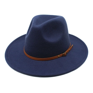 Classic navy wool fedora hat with a brown faux leather band and gold metal buckle