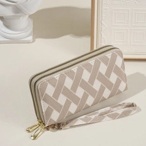 Minimalist beige striped double zipper clutch wallet with wristlet strap for women
