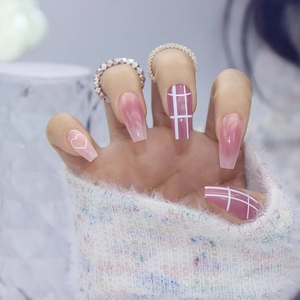 Long Coffin Press On Nails Pink Gradient Heart Checkerboard Pattern Artificial False Fingernails For Women Daily Manicure