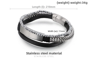 Detail view of multilayer leather and stainless steel bracelet with 210mm length specs
