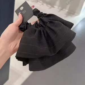 Vintage black striped double-layer oversized scrunchie for elegant ponytail styling