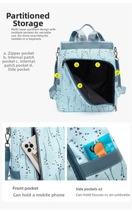 Détails des compartiments intérieurs et des poches latérales du sac à dos à fleurs