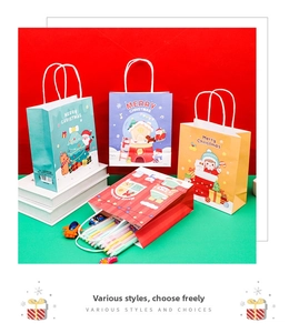 Close-up of assorted Christmas gift bags with Santa and reindeer cartoon illustrations