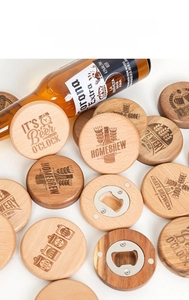 Macro view of wooden beer bottle opener coasters with laser engraved patterns and metal back