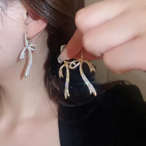 Bowknot Drop Earrings With Zircon Ribbon Dangle Copper Elegant Jewelry For Women With Silver Earring Post