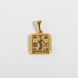 Detail of 24K gold plated stainless steel square pendant featuring religious relief carving