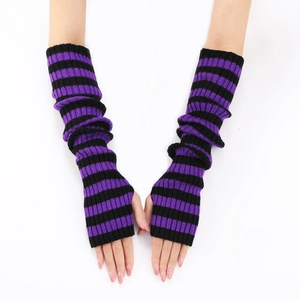 Close-up of black and purple striped knitted arm warmer with fingerless design for autumn