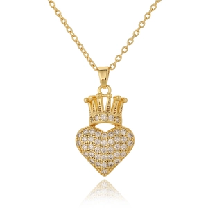 Close-up of golden crown heart pendant featuring sparkling white zircon stone inlay