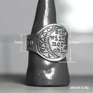 Vintage silver engraved moon ring featuring stay wild moon child text for men and women