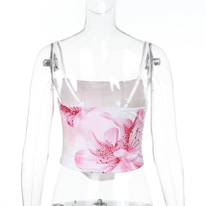 Detailed back view of a pink floral camisole featuring delicate patterns and slim fit style