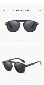 Close-up of black retro sunglasses featuring elegant gold rivet details on the frame