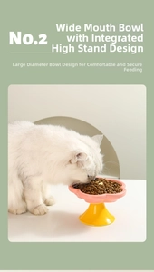 Detail of pink ceramic elevated flower cat bowl with wide mouth for neck protection