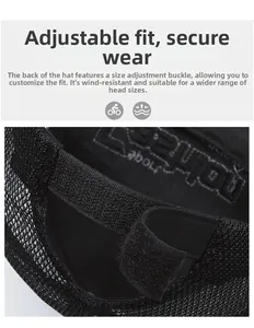 Detail of adjustable velcro closure and breathable mesh on the back of the black sun cap