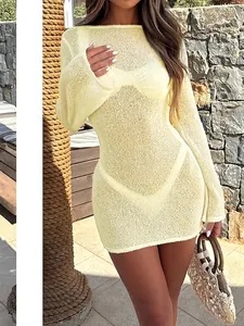Mini Robe En Tricot Manches Longues Évasées Sexy Transparente Crochet Cache Maillot Dos Nu Tenues De Vacances Femmes