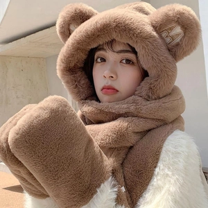 Warm brown plush bear ear 3-in-1 set including hat, scarf and mittens for women