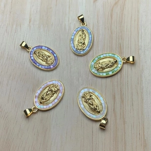 Oval gold plated Virgin Mary pendants with colorful shell inlays and zircon accents