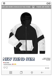 Detail eines Zip-Hoodies mit schwarzen Torso und grauen Ärmeln mit sportlichen Streifen